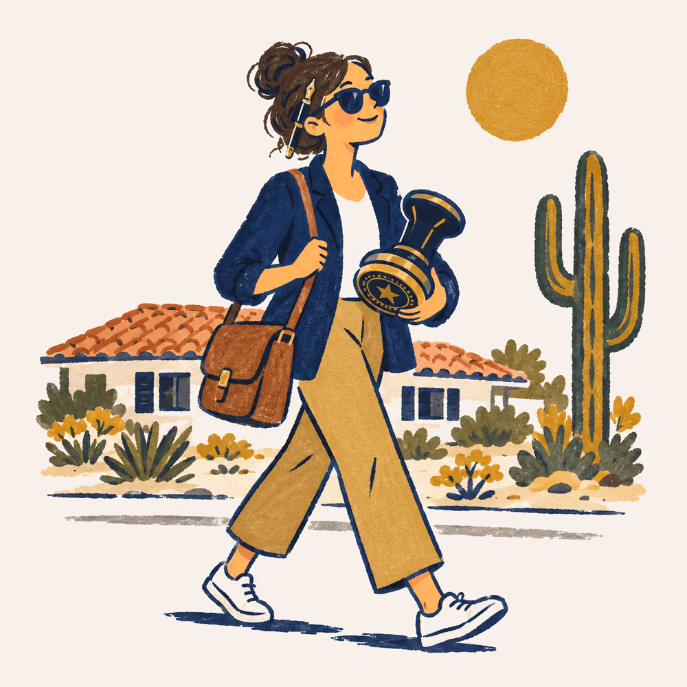 A notary with a satchel and a stamp, setting out across a sunny desert neighborhood